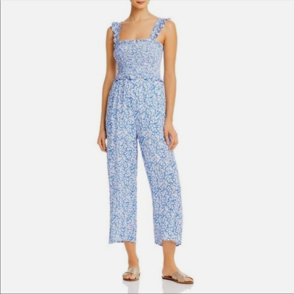 Lost + Wander Blue Floral Smocked Jumpsuit